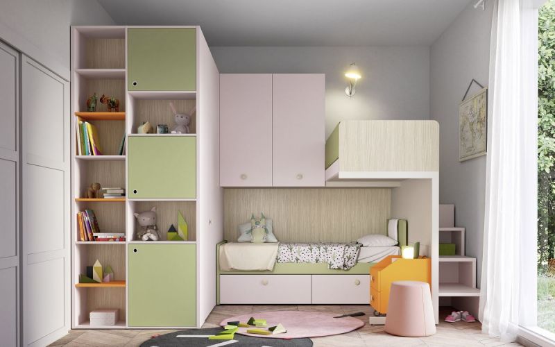 Cameretta colorata e moderna con tante strutture di contenimento Kids Nidi